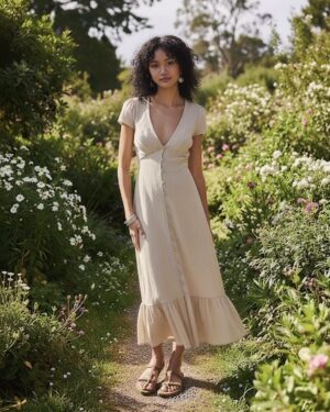 Rhea_button-down_midi_labelboho Women’s boho chic midi dress – Rhea button-down linen dress with V-neck and short sleeves by Label Boho