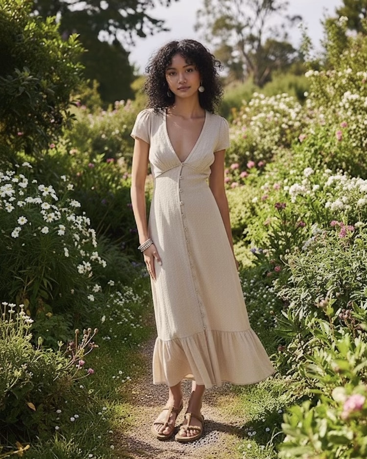 Rhea_button-down_midi_labelboho Women’s boho chic midi dress – Rhea button-down linen dress with V-neck and short sleeves by Label Boho